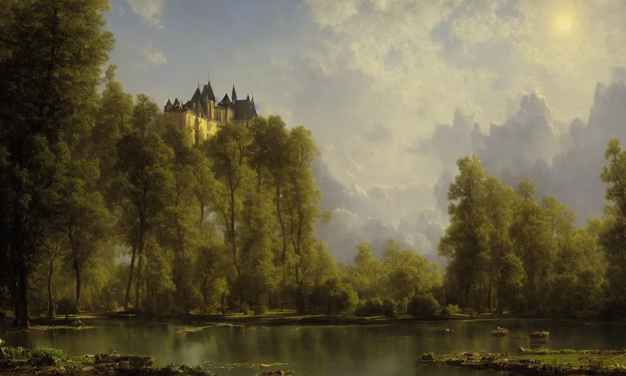 Image similar to beautiful illustration of chateau in a serene landscape, by albert bierstadt, magic realism, narrative realism, beautiful matte painting, heavenly lighting, retrowave, 4 k hd wallpaper