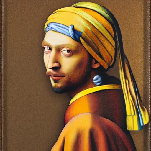 Prompt: Masterpiece Portrait of Muslim Ronald mcdonald, dressed thobe, Ghutra and Egal, style of Johannes Vermeer