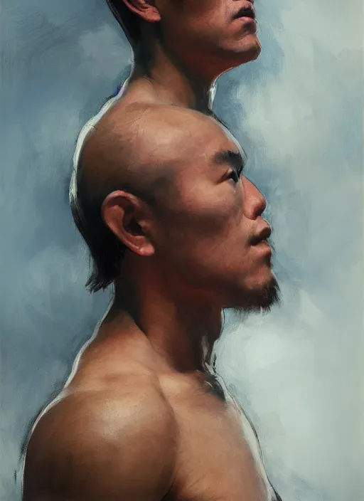 Image similar to greg manchess side portrait of a filipino mma fighter struck by a sword, organic painting, sunny day, matte painting, bold shapes, hard edges, street art, trending on artstation, by huang guangjian, gil elvgren, ruan jia, randy vargas, greg rutkowski