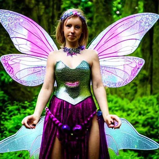 Prompt: photo of a real-life beautiful fairy with bejewelled armour