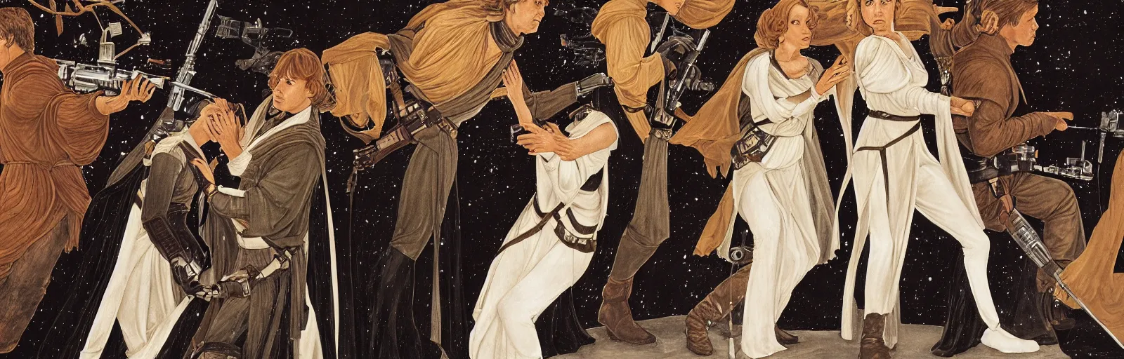 Image similar to luke skywalker, princess leia and han solo in return of the jedi, by sandro botticelli