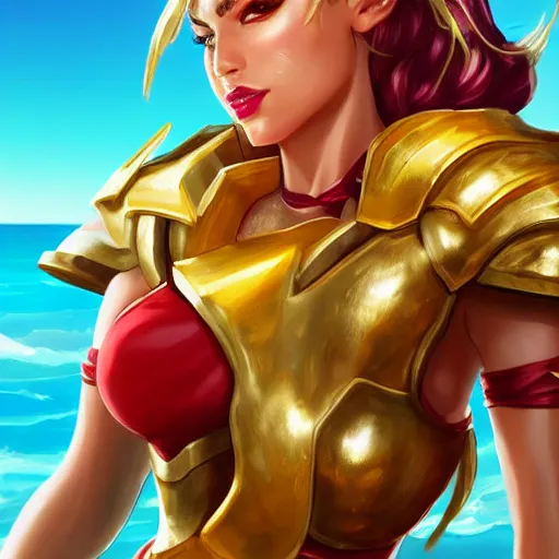 Image similar to leona from league of legends wearing gold and scarlet armor drinking pepsi max on a hot summer day at the beach. she is wearing wearing gold and scarlet armor. digital illustration, trending on artstation, highly detailed, excellent beautiful lighting,