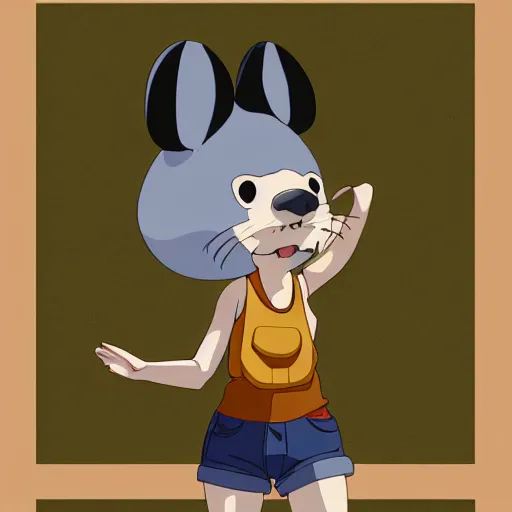 Image similar to in the style of studio ghibli, anthropomorphic mouse, female, wearing denim shorts and tank top, detailed, intricate, aesthetic, artistic, ambient occlusion, volumetric light effect, 8 k resolution