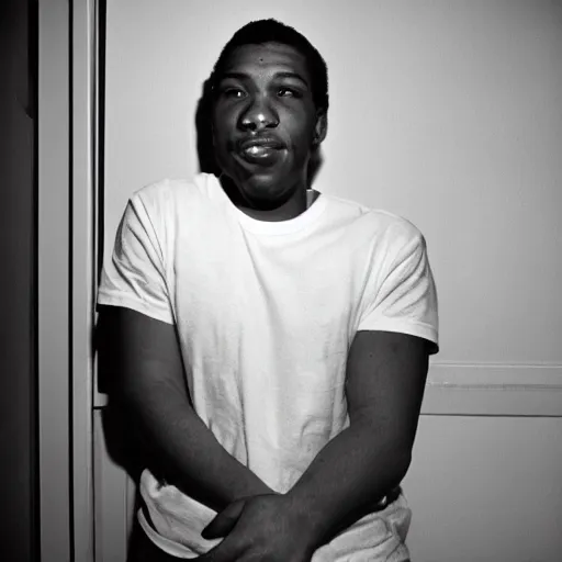 Image similar to a beautiful portrait of a happy handsome guy, new york city apartment, florescent lighting, kodak tri-x pan film, black and white, 35mm film, award winning photo, by larry clark 1994 from the international center of photography