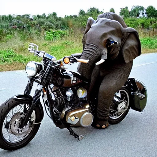 Image similar to elephant on a Harley Davidson on the road, funny picture