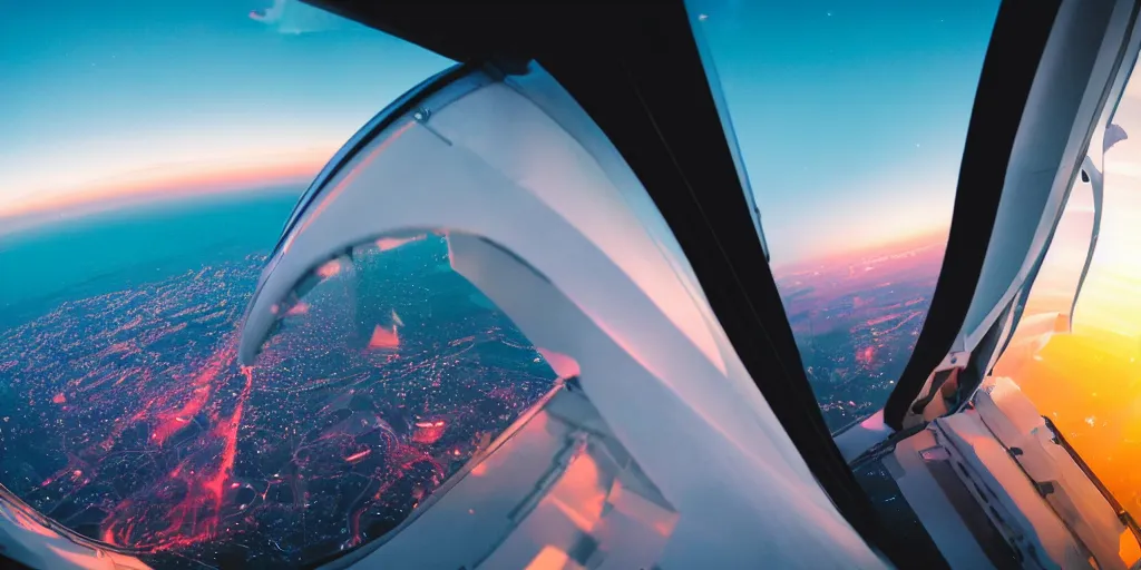 Image similar to wide angle photo looking out the window of a space capsule, liminal, cinematic, dreamscape, cinematics lighting, sunset colors, flying in the air, city in background