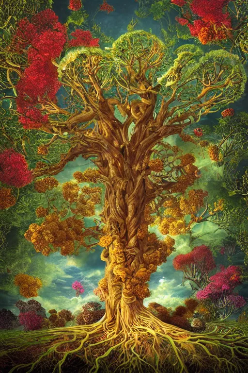 Image similar to a beautiful digital illustration painting of a detailed fantasy tree trunk and roots, psychedelic trippy mushroom, flowers by benoit b. mandelbrot, steven belledin, martin johnson heade, lee madgwick, caspar david friedrich, and david rios ferreira. 8 k resolution trending on artstation concept art digital illustration