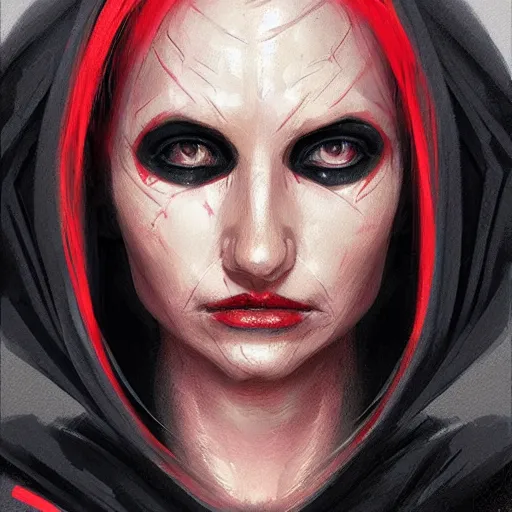 Image similar to portrait of a woman by greg rutkowski, young sith lord darth talon, red and black skin, star wars expanded universe, wearing black robes, she is about 2 0 years old, highly detailed portrait, digital painting, artstation, concept art, smooth, sharp foccus ilustration, artstation hq