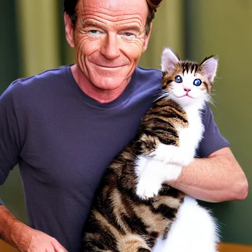 Prompt: Bryan Cranston holding a kitty, photo