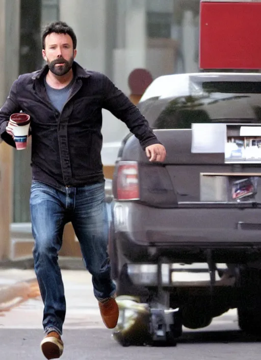 Image similar to ben affleck being chased by a giant cup of dunkin donuts coffee, running scared