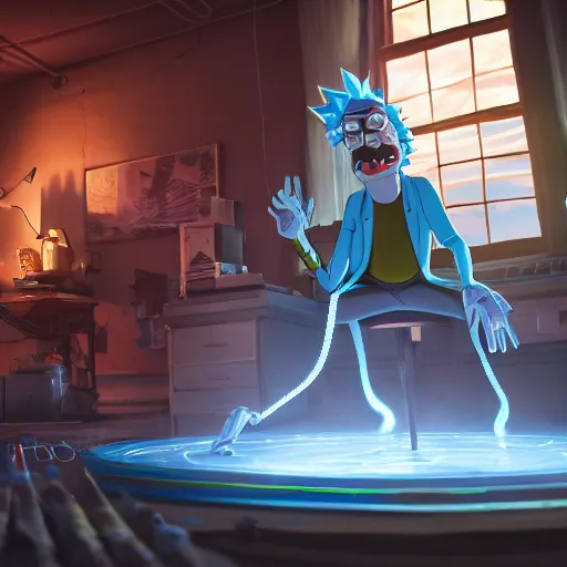 Image similar to full body pose, hyperrealistic photograph of rick sanchez from rick and morty, dim volumetric lighting, 8 k, octane beautifully detailed render, extremely hyper detailed, intricate, epic composition, cinematic lighting, masterpiece, trending on artstation, very very detailed, stunning, hdr, smooth, sharp focus, high resolution, award, winning photo, dslr, 5 0 mm