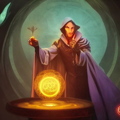 Image similar to a warlock is casting a magic spell, with magic orb floating in his hand , dynamic pose, natural lighting, medium level shot, Mucha style , Grim fantasy, illustration ,concept art,