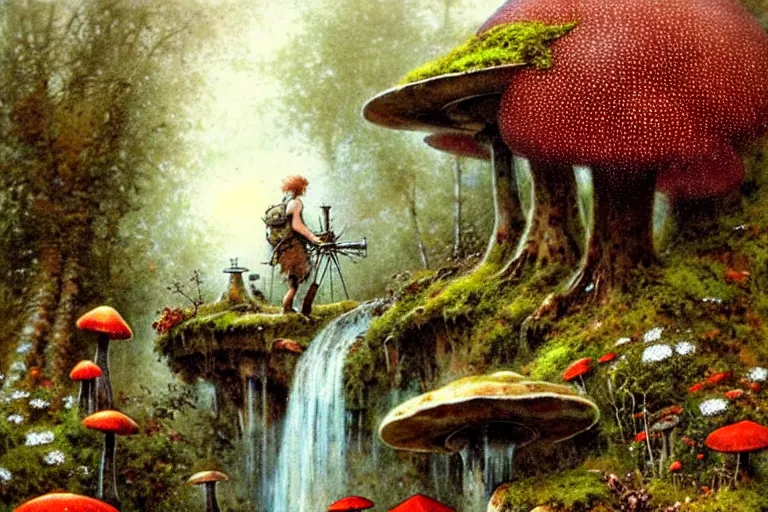 Prompt: adventurer ( ( ( ( ( 1 9 5 0 s retro future steam turbine and mill in forrest of giant mushrooms, moss and flowers stone bridge waterfall. muted colors. ) ) ) ) ) by jean baptiste monge!!!!!!!!!!!!!!!!!!!!!!!!! chrome red