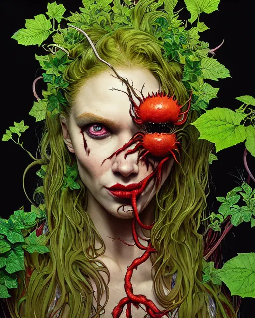 Image similar to closeup portrait the platonic ideal of flowers and roots of cletus kasady, venom, poison ivy, ultimate beautiful succubus, intricate, hyperrealism, intense, dmt, artgerm, moebius, greg rutkowski, dan mumford, alphonse mucha