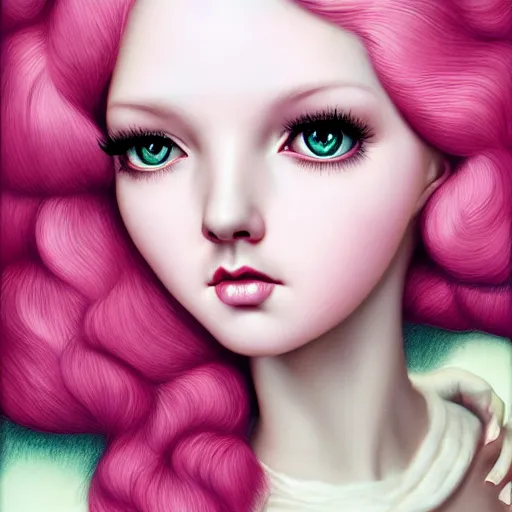 Image similar to a portrait of a beautiful woman with pink hair by mark ryden cgsociety, computer art, circuitry, dystopian art, academic art insanely quality, elegant, highly detailed, digital painting, artstation,, concept art, pop, smooth, sharp focus, illustration, art by mark ryden and 3 d 8 k ultra detailed