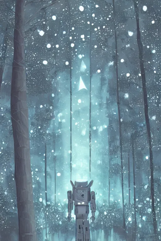 Image similar to A geometric glossy white robot stands in the middle of a forest in the centre of the frame. softly glowing blue trees at night. The sky above has many stars and a beautiful blue aurora. Comet in the middle of the sky. Cyril Roland naomi okubo. Trending on artstation. Digital painting.