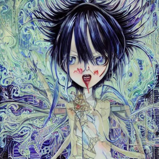 Image similar to yoshitaka amano realistic illustration of a sinister anime girl with big eyes and long wavy blue hair wearing dress suit with tie and surrounded by abstract junji ito style patterns in the background, blurred and dreamy illustration, noisy film grain effect, highly detailed, oil painting with expressive brush strokes