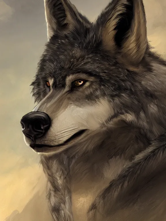 Image similar to 3/4 headshot portrait of cute anthro wolf man, handsome, fantasy, intricate, long muzzle, wolf ears, fursona, black fur, elegant, highly detailed, digital painting, artstation, concept art, smooth, sharp focus, illustration, art by artgerm and greg rutkowski and alphonse mucha bright sandy beach in background