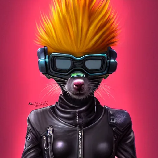 Prompt: cyberpunk anthropomorphic ferret with mohawk, wearing leather jacket, medium shot portrait, digital painting, trending on ArtStation