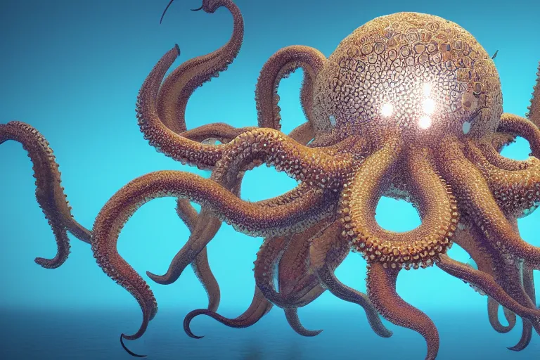 Prompt: a 3 d render depicting an advanced octopii civilisation ruled by a gigantic kraken, a cube within a sphere moves through the water and god rays penetrate the ocean.