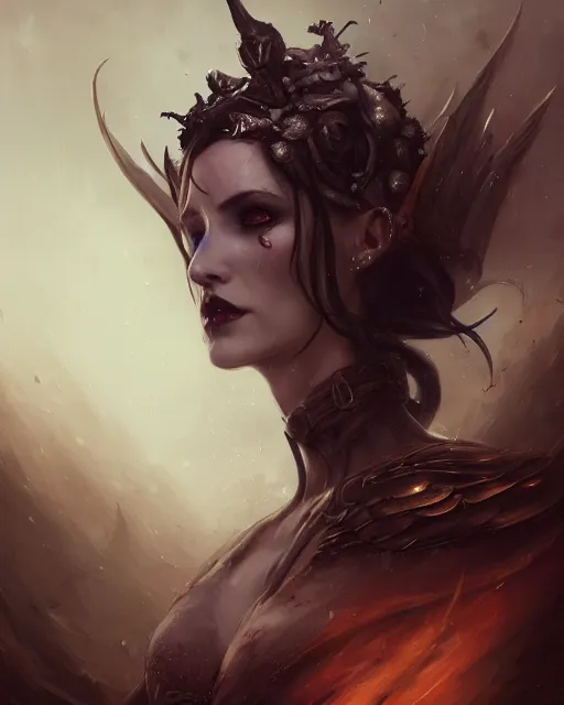 Image similar to wlop, bastien lecouffe deharme, daniel gerhartz, detailed portrait digital painting of a beautiful serious villainess wearing fantasy clothing like liliana vess, villainess has black angel wings, evil mood, hellish battlefield in the background, embers flying, unreal engine, hyper realism, realistic shading, cinematic composition, blender render, ultrawide shot