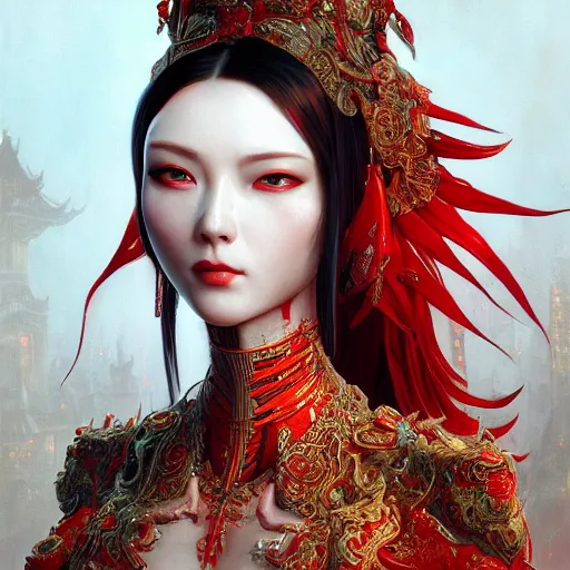 Image similar to The red alien lady, intricated traditional Chinese textures, rococo decorations, hyper detail, Unreal engine,Octane render, by Karol Bak