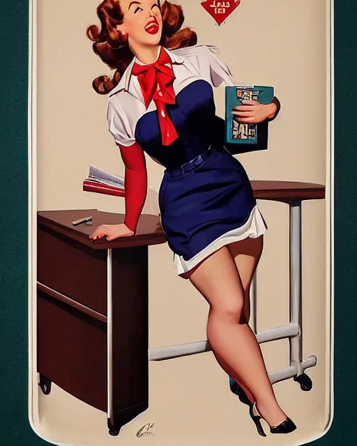 Prompt: Office uniform woman full body pin up modeling, with a simple background, post war style, detailed face, american postcard art style, by Gil Elvgren, Julie Bell, krenz cushart, Greg Hildebrandt and Randolph Stanley Hewton
