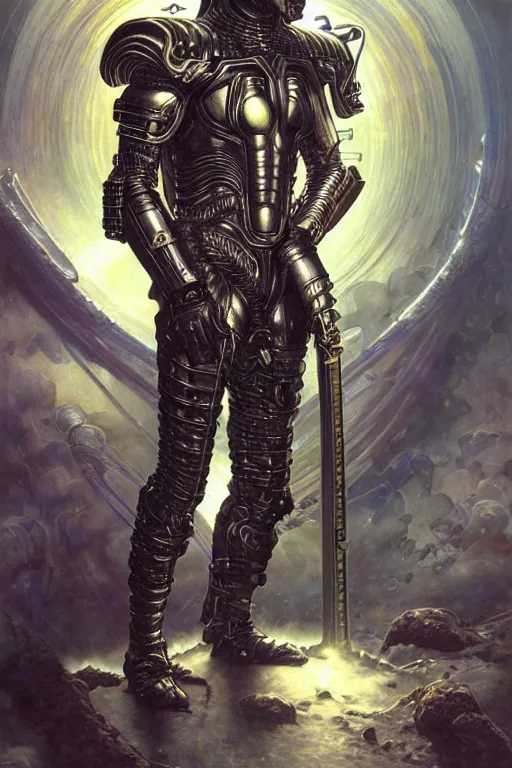 Prompt: realistic detailed portrait of a handsome futuristic nordic warrior with alien cyberpunk armor by ayami kojima, amano, greg hildebrandt, alphonse mucha, and mark brooks, male, masculine, art nouveau, cyberpunk, neo - gothic, gothic, character concept design,