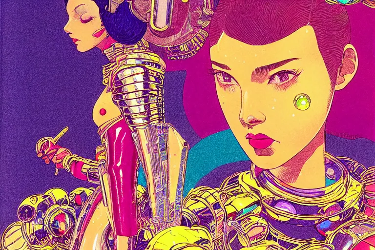 Image similar to risograph grainy drawing vintage sci - fi, satoshi kon color palette, gigantic beautiful bejeweled armored woman full - body covered in colourful gems, 1 9 6 0, kodak, metal wires, natural colors, codex seraphinianus painting by moebius and satoshi kon and alberto mielgo close - up portrait