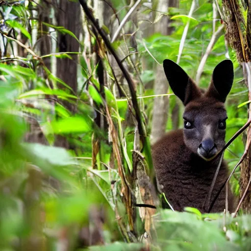 Prompt: photograph of a black Kangaroo spying in a dense jungle, military kangaroo, machine gun