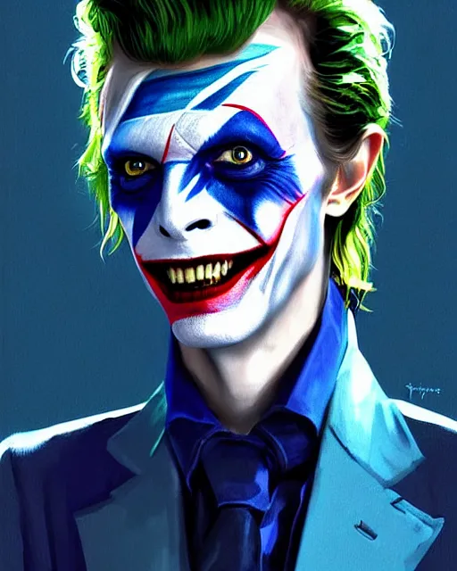 Prompt: character full body portrait of david bowie as the joker | | realistic shaded, unpleasant face, bad looking, fine details, realistic shaded lighting poster by greg rutkowski, magali villeneuve, artgerm, jeremy lipkin and michael garmash and rob rey