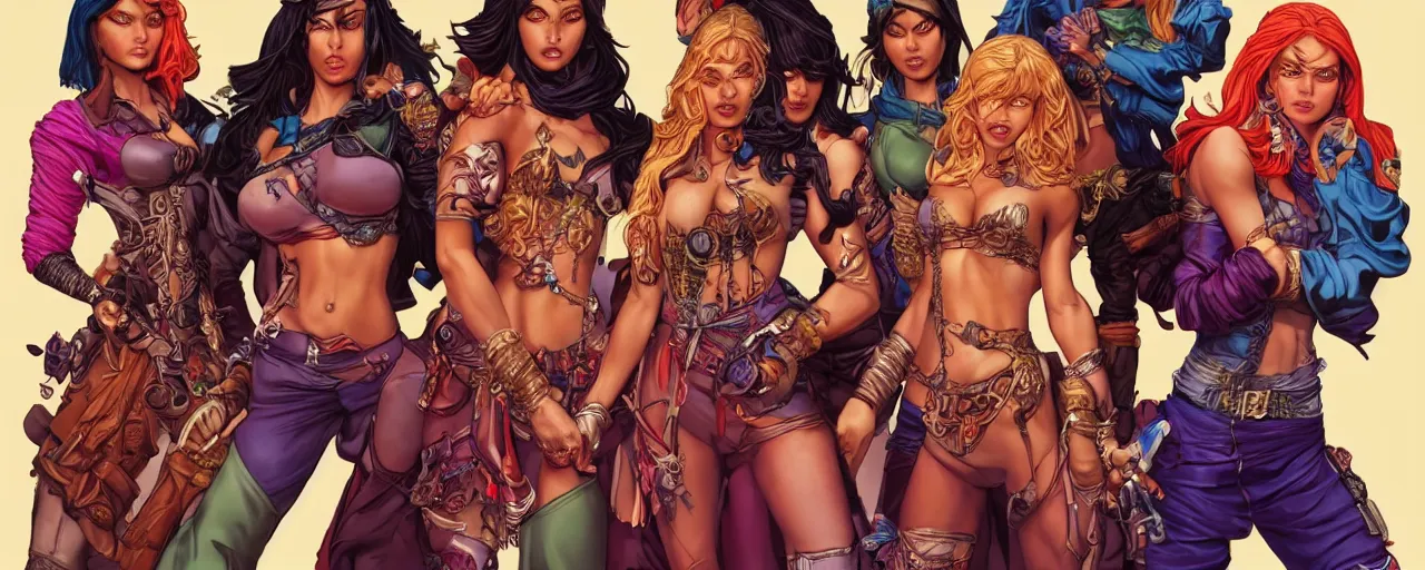 Image similar to a group of six female thieves with unique styles of dress, varying skin tones, and hair colours, bold and colourful, symmetrical facial features, 8 k intricate detail, detailed faces, beautiful, arnold rendering, art by pepe larraz,
