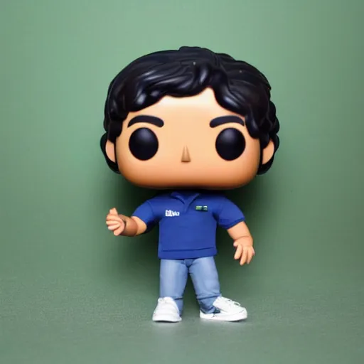 Image similar to a 30 year old skinny brown skinned programmer guy with no beard and thick black hair on top, short on sides, in a dark green polo shirt, blue jeans and grey sneakers funko pop close up highly detailed photo