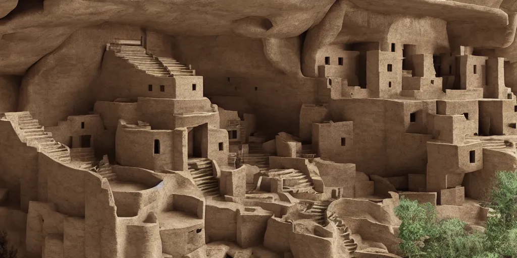 Prompt: futuristic cliff dwellings in mesa verde, escalators, high tech appliances, highly detailed, rendered in octane, photorealistic, 8 k