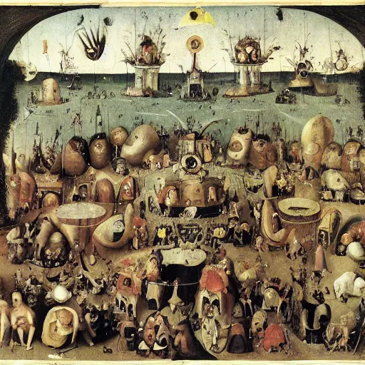 Prompt: Minions sacking Rome in the style of Hieronymus Bosch