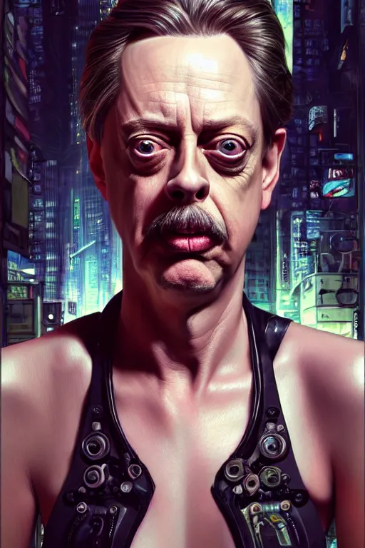 Image similar to wow! 3 / 4 stunning photorealistic portrait of steve buscemi in a kowloon cyberpunk cityscape, biomechanical bodysuit, oppai proportions, acid rain, dark fantasy by artgerm and clay mann and sorayama and alphonse mucha, very realistic, hyperdetailed, trending on artstation, octane render