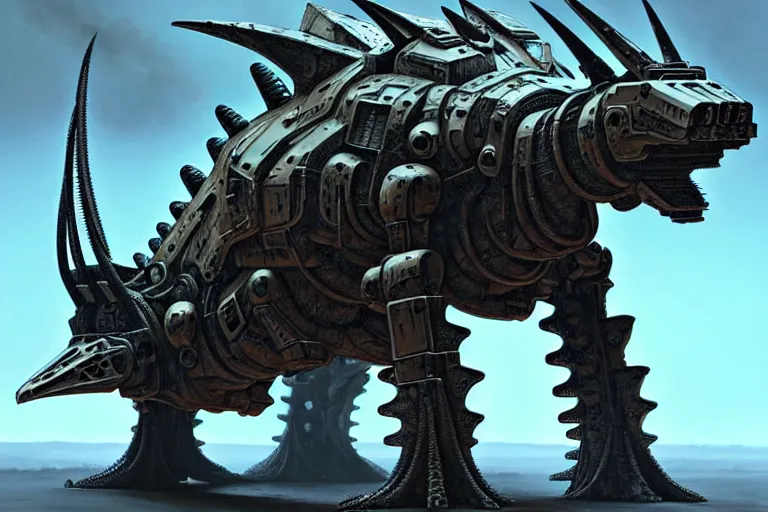 Image similar to stegosaurus in a cyborg mech suit, by alexandre ferra, zezhou chen, peter gric, mohamed reda and hr giger, hyper detailed, screen print, character concept art, realistic, coherent, octane render, zbrush central, behance hd, hypermaximalist