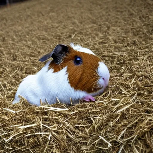 Image similar to a guinea pig with white wings flying above a field of hay,