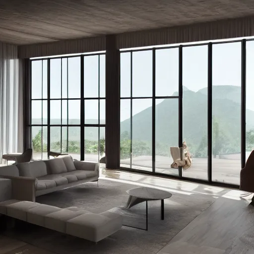 Image similar to modern open living room with big windows showing an amazing landscape on the background, organic architecture, interior design, minimalist furniture, octane render, high detail, 8 k, post production