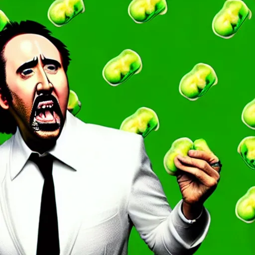 Prompt: nicolas cage screaming covered in peas