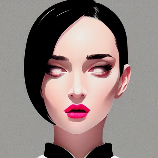 Image similar to rich young female in black tuxedo, scornful, disdainful, muted colors, matte print, pastel colors, 2d, ultra highly detailed, smooth, sharp focus, digital art, digital painting, fan art, elegant, artstation, head is centered, by Ilya Kuvshinov