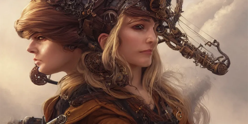 Prompt: 3 / 4 headshot of female airship pirate, d & d, handsome, fantasy, intricate, long hair, airship, steampunk, blond hair, elegant, highly detailed, digital painting, artstation, concept art, smooth, sharp focus, illustration, art by artgerm and greg rutkowski and alphonse mucha
