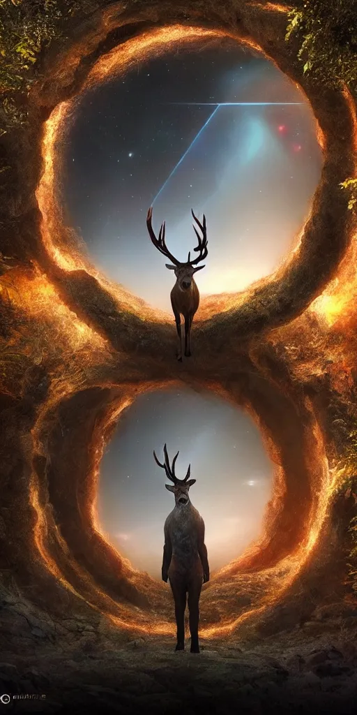 Image similar to a deer standing in front of a giant portal into the universe in the shape of a keyhole to the dimension of prisms, beautiful matte painting by weta workshop 4 k, cinematic dramatic atmosphere, dramatic lighting, trending on artstation