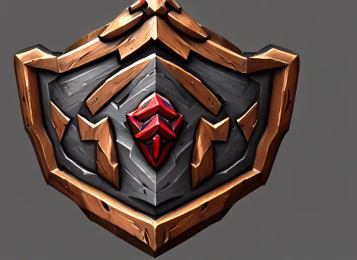 Image similar to crooked wooden shield, stylized stl, 3 d render, activision blizzard style, hearthstone style