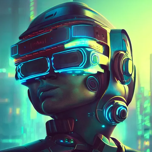 Image similar to cyberpunk concept cool cyborg bot, cinema 4 d, galaxy, cosmos, ufo, space sci - fi, wearing vr goggles, illustration, portrait, pastel neon textured background night, trending on artstation, greg rutkowski, octane rendered, 1 2 k, detailed,