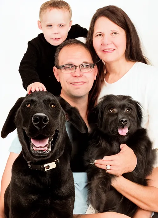 Prompt: a family portrait of a husband, wife, and their black dog. 9 0 s, studio lighting, mamiya, bulb flash