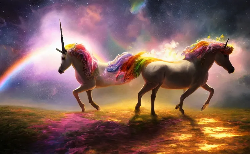 Image similar to an oil painting of a unicorn walking on an rainbow in space, masterpiece, highly detailed, high quality, 4K, anatomically correct, hyperrealistic, concept art, octane render, unreal engine 5, trending on Artstation, trending on DeviantArt, matte, historical painting, fantasy style, path traced, high coherence, soft lighting