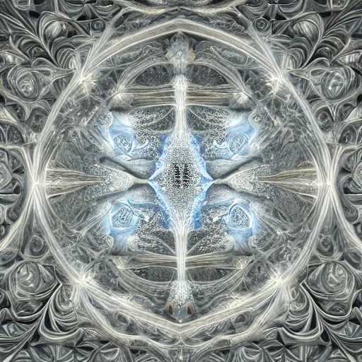 Prompt: a beautiful 3 d painting of a huge sprawling fractal cathedral interior populated by mandelbrot fractals by android jones, unreal engine, carved stone, carved soap, white color scheme, volumetric lighting, octane render, dramatic lighting, glowing, carved marble, opalescent, sacred geometry, religious, angelic, catholicpunk, stark, 8 k, ultra detailed