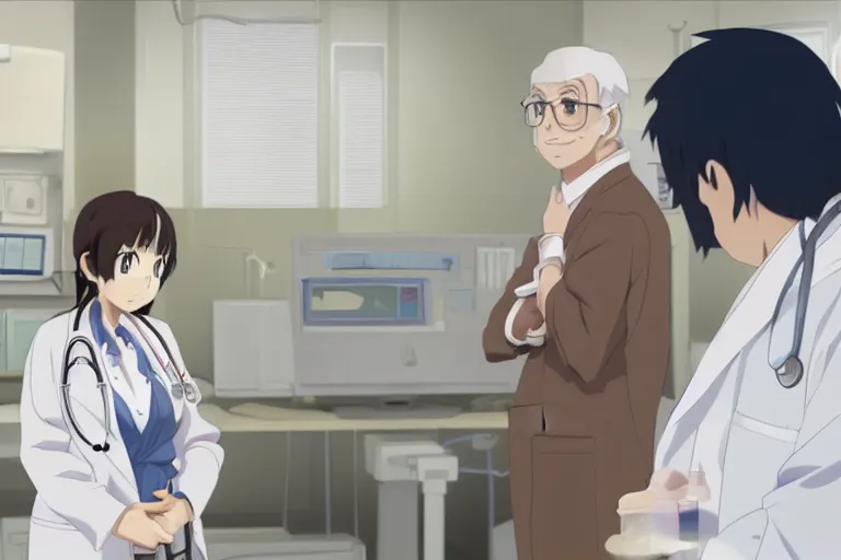 Image similar to a cute young female doctor wearing white coat are talking with an old surgeon in a hospital, slice of life anime, lighting, anime scenery by Makoto shinkai