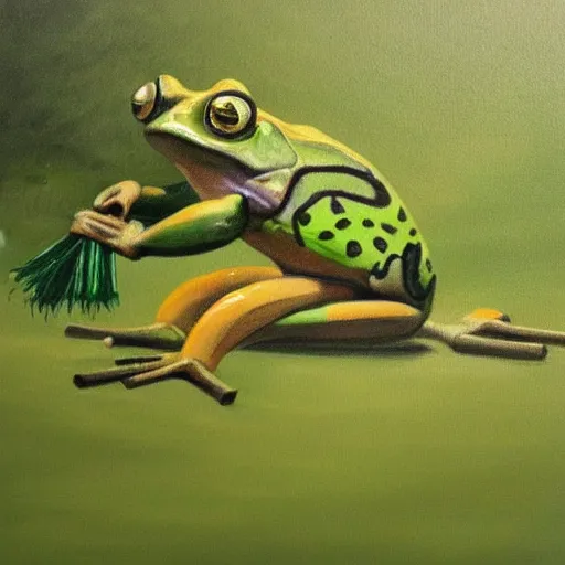 Prompt: a beautiful painting of singular frog cutting grass with a trimmer, trending on artstation